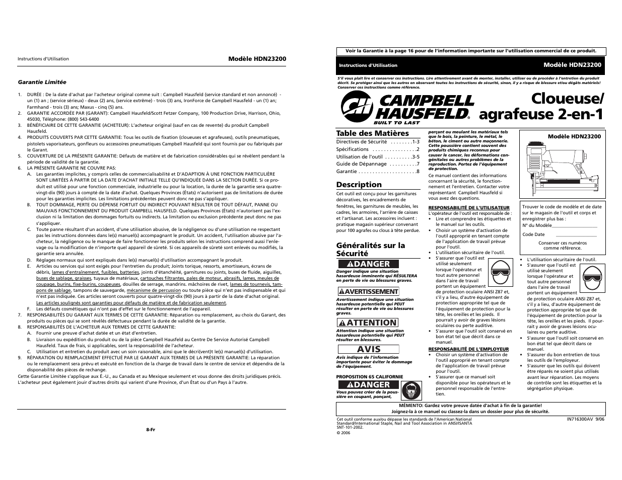 Cloueuse/ agrafeuse 2-en-1, Avis, Attention | Danger | Campbell Hausfeld HDN23200 User Manual | Page 9 / 12