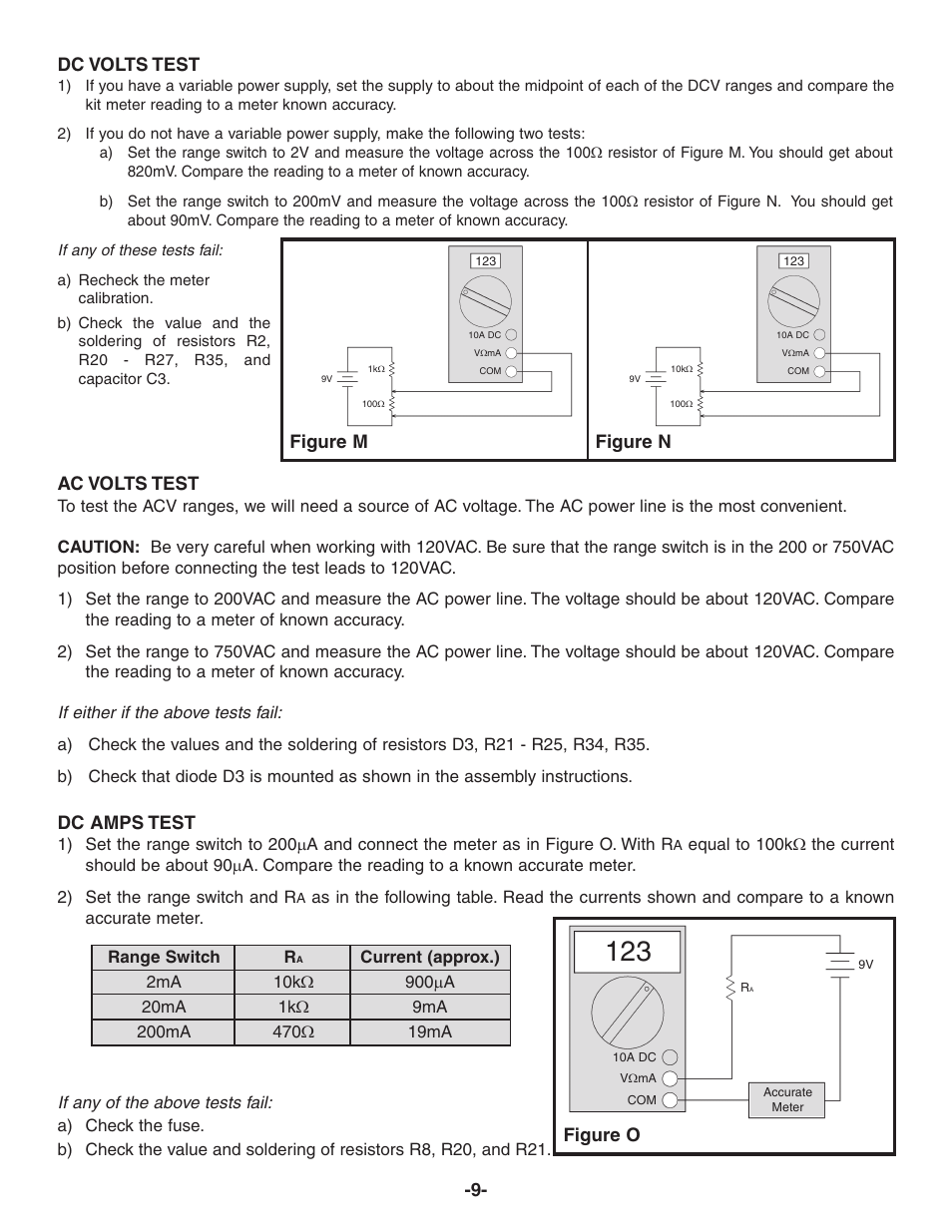 Ac volts test, Dc amps test, Dc volts test | Figure o figure m figure n | Elenco Digital Mulitmeter Kit User Manual | Page 10 / 20