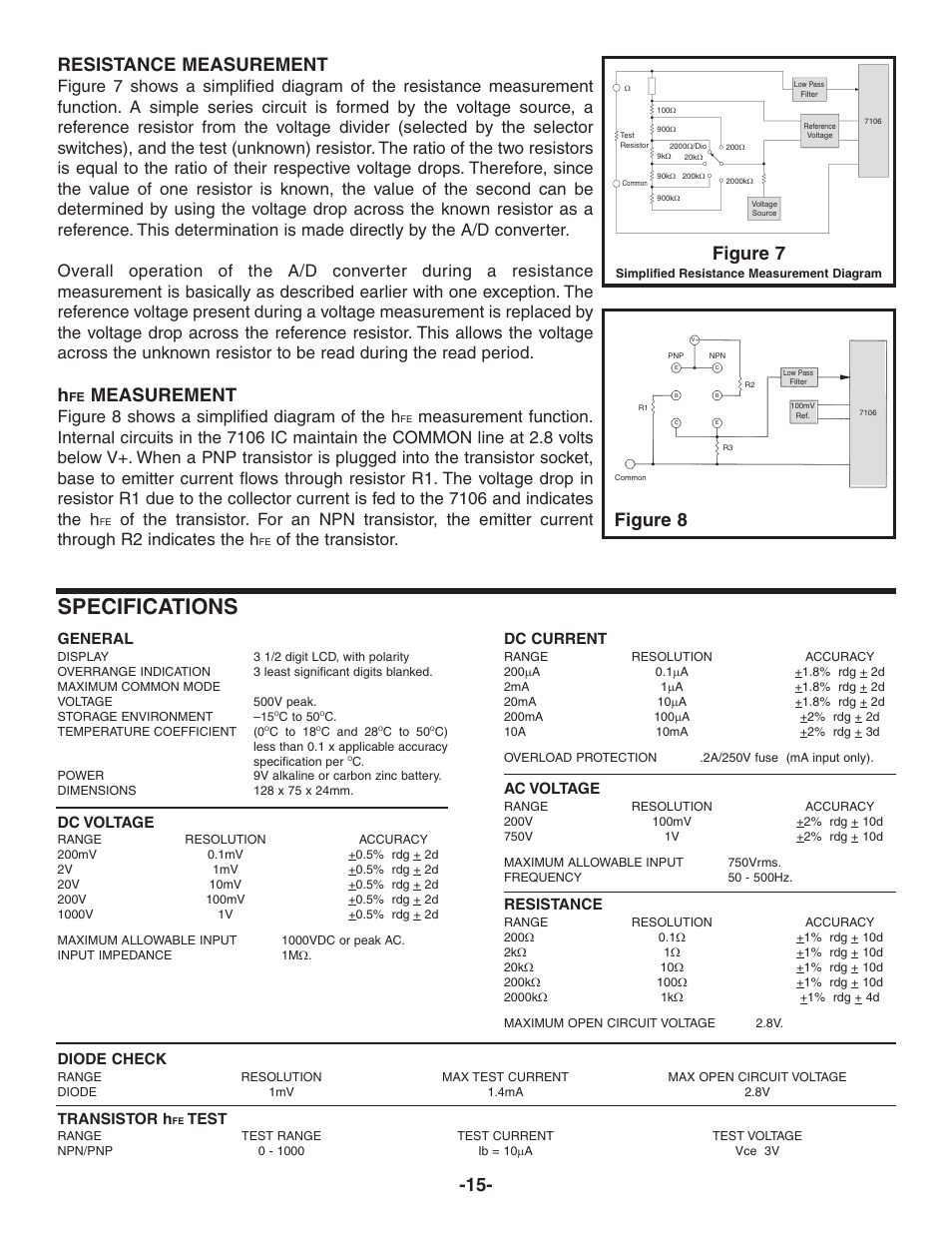 Specifications, Resistance measurement, Measurement | Figure 7, Figure 8, Figure 8 shows a simplified diagram of the h, Of the transistor, Diode check, Transistor h, Test | Elenco Digital Mulitmeter Kit User Manual | Page 16 / 20