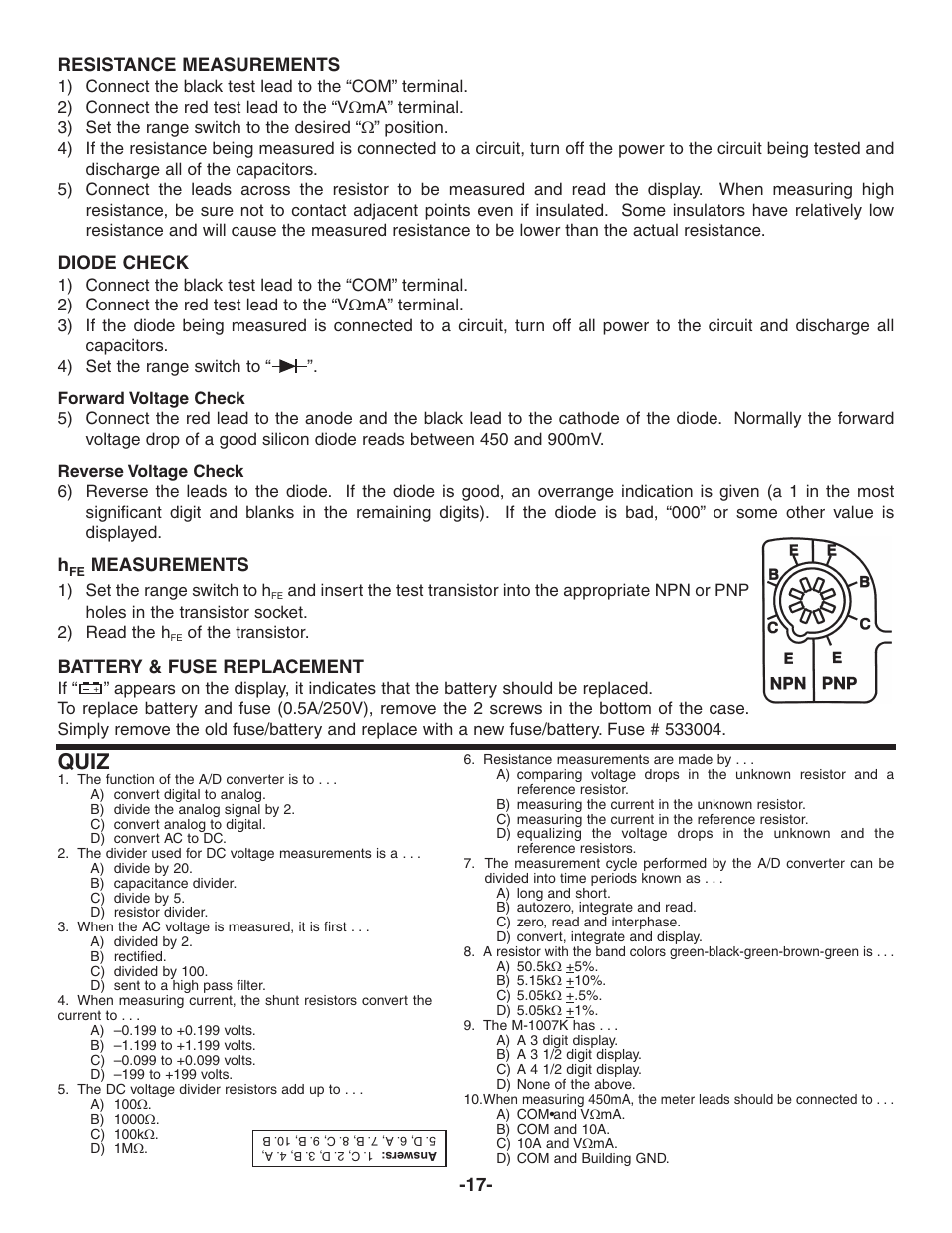 Quiz | Elenco Digital Mulitmeter Kit User Manual | Page 18 / 20