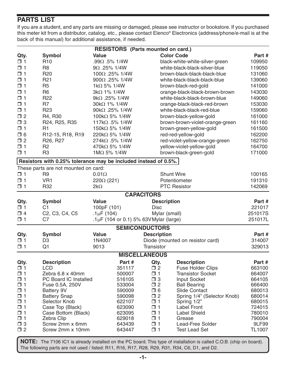 Parts list | Elenco Digital Mulitmeter Kit User Manual | Page 2 / 20