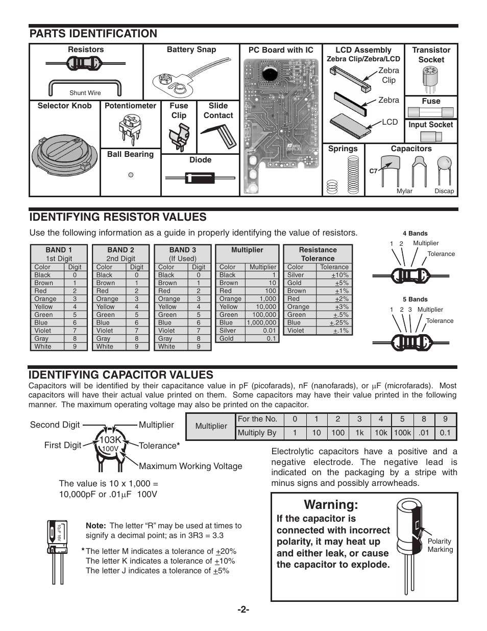 Warning, Identifying resistor values, Parts identification | Identifying capacitor values | Elenco Digital Mulitmeter Kit User Manual | Page 3 / 20