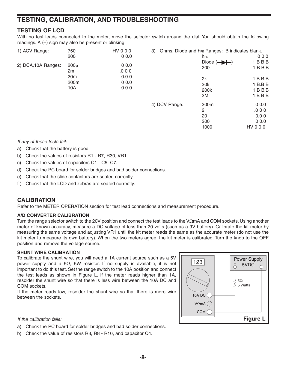 Testing, calibration, and troubleshooting | Elenco Digital Mulitmeter Kit User Manual | Page 9 / 20