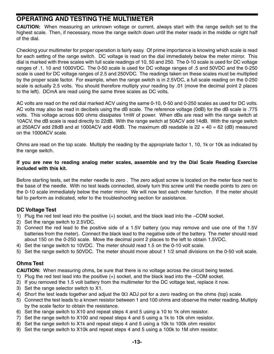 Operating and testing the multimeter | Elenco 23 Range 20k/V VOM in Kit Form User Manual | Page 14 / 20