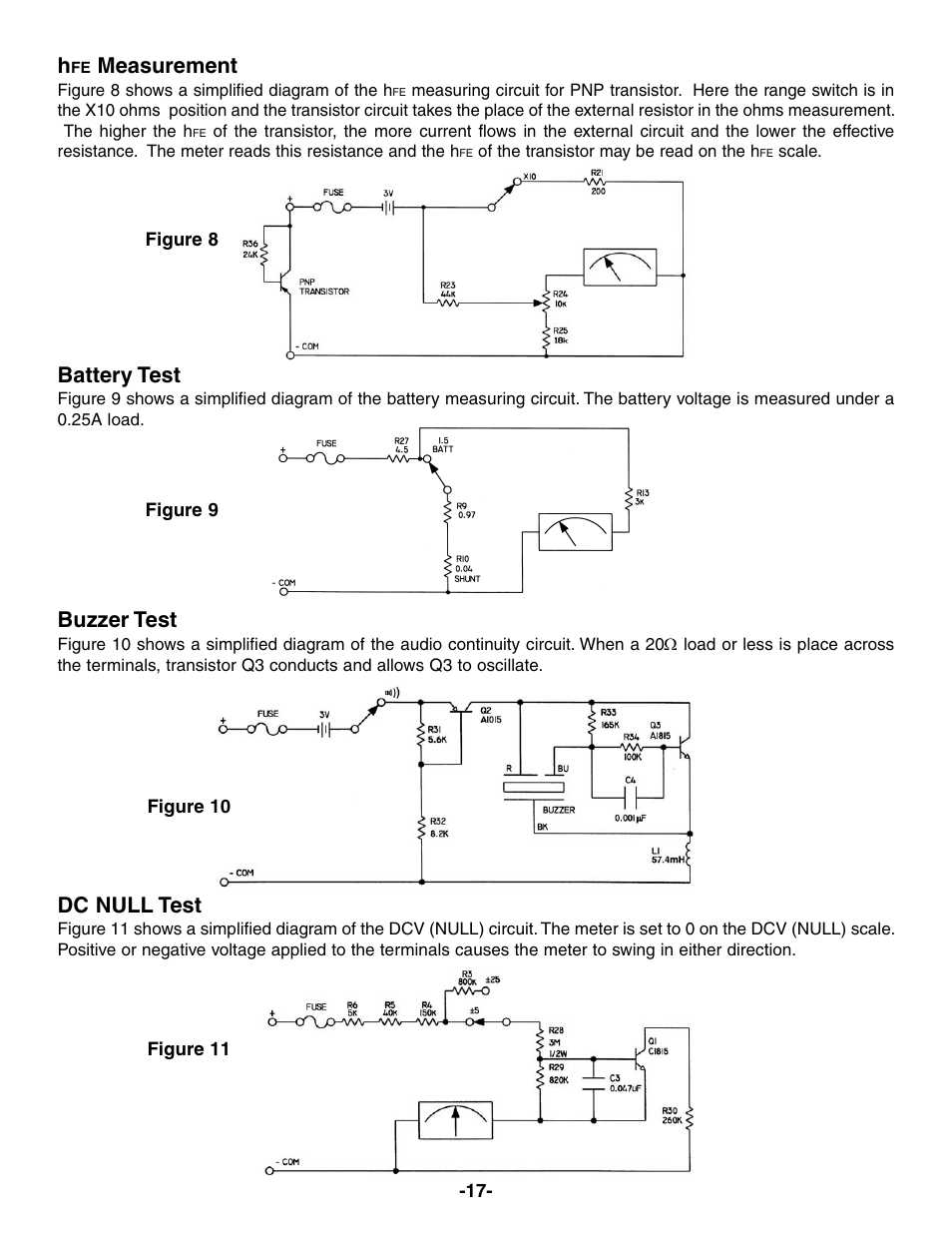 Measurement, Battery test, Dc null test | Buzzer test | Elenco 23 Range 20k/V VOM in Kit Form User Manual | Page 18 / 20