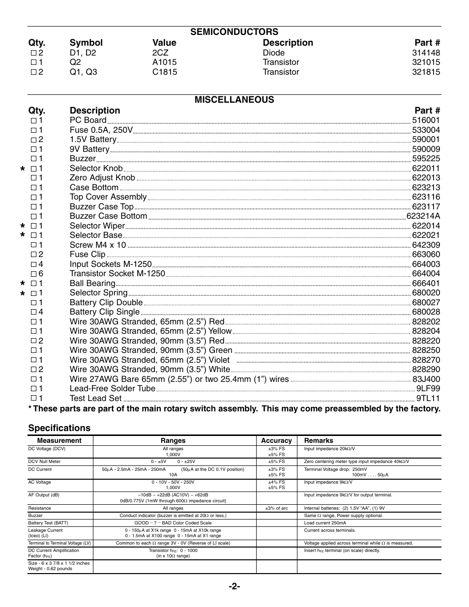 Semiconductors qty. symbol value description part, Miscellaneous qty. description part, Specifications | Elenco 23 Range 20k/V VOM in Kit Form User Manual | Page 3 / 20