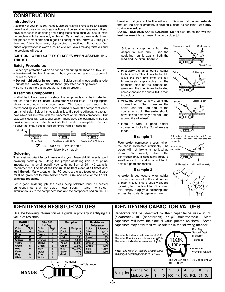 103k, Construction, Identifying resistor values | Identifying capacitor values, Bands, 100v | Elenco 23 Range 20k/V VOM in Kit Form User Manual | Page 4 / 20
