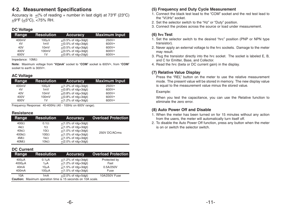 2. measurement specifications | Elenco 3 1/2 Digit Cap./ Freq./ Trans. w/ Grey Boot User Manual | Page 6 / 8