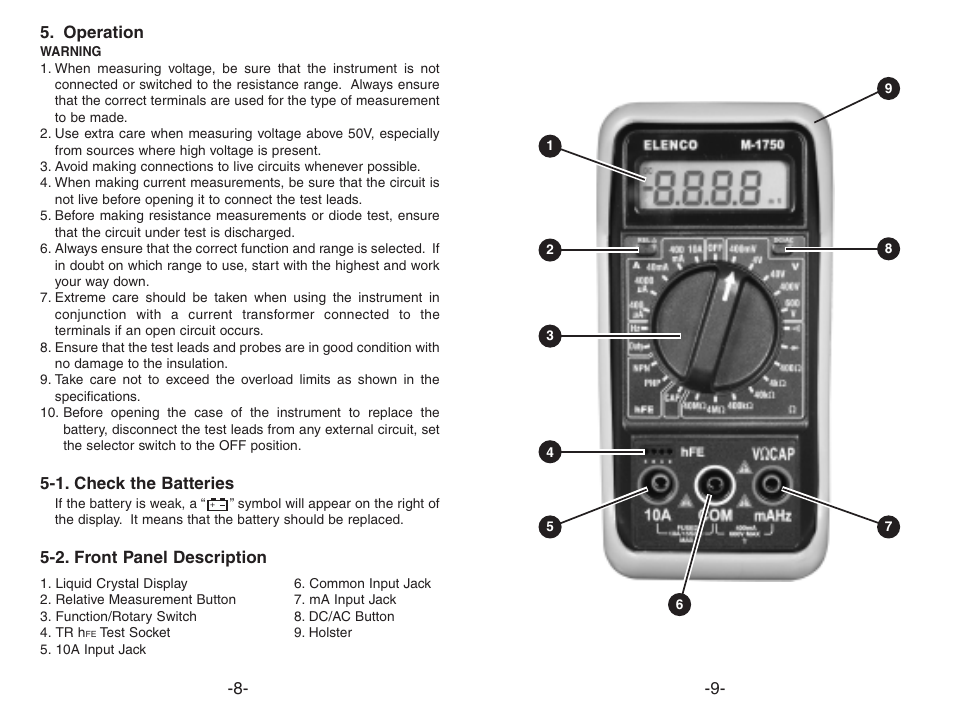 Operation, 1. check the batteries, 2. front panel description | Elenco 3 1/2 Digit Cap./ Freq./ Trans. w/ Grey Boot User Manual | Page 8 / 8