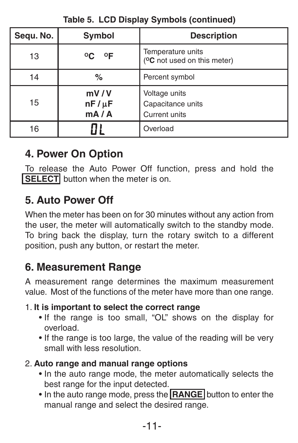 Power on option, Auto power off, Measurement range | Elenco 3 1/2 Digit with Temperature User Manual | Page 11 / 36