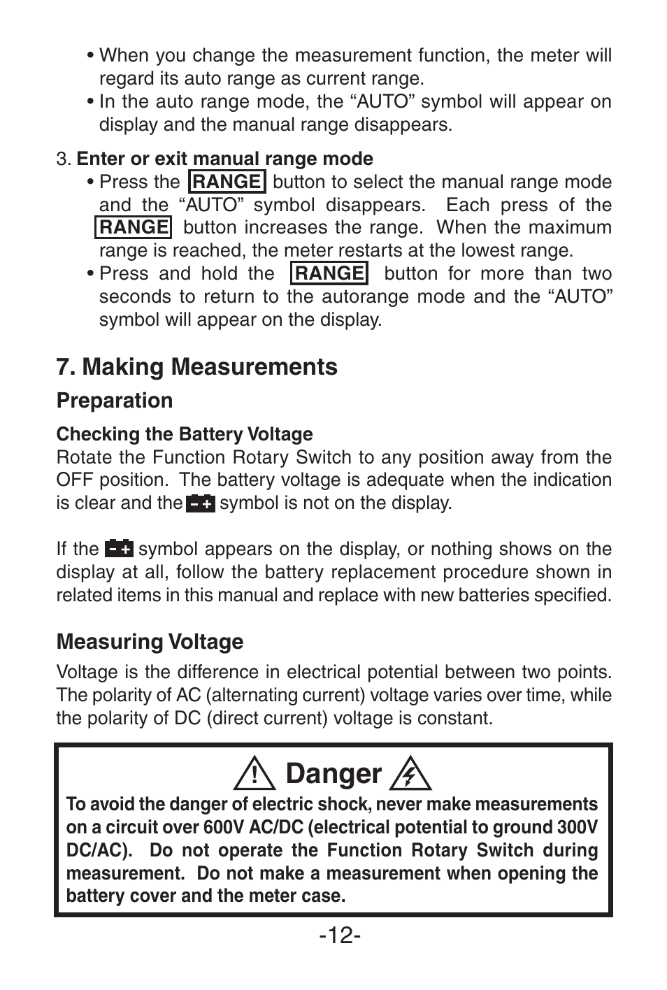 Danger, Making measurements | Elenco 3 1/2 Digit with Temperature User Manual | Page 12 / 36