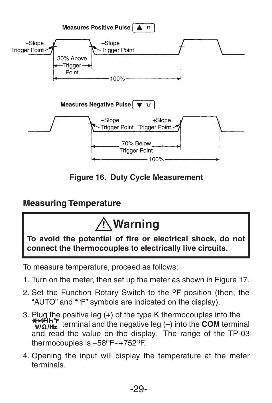 Warning, Measuring temperature | Elenco 3 1/2 Digit with Temperature User Manual | Page 29 / 36
