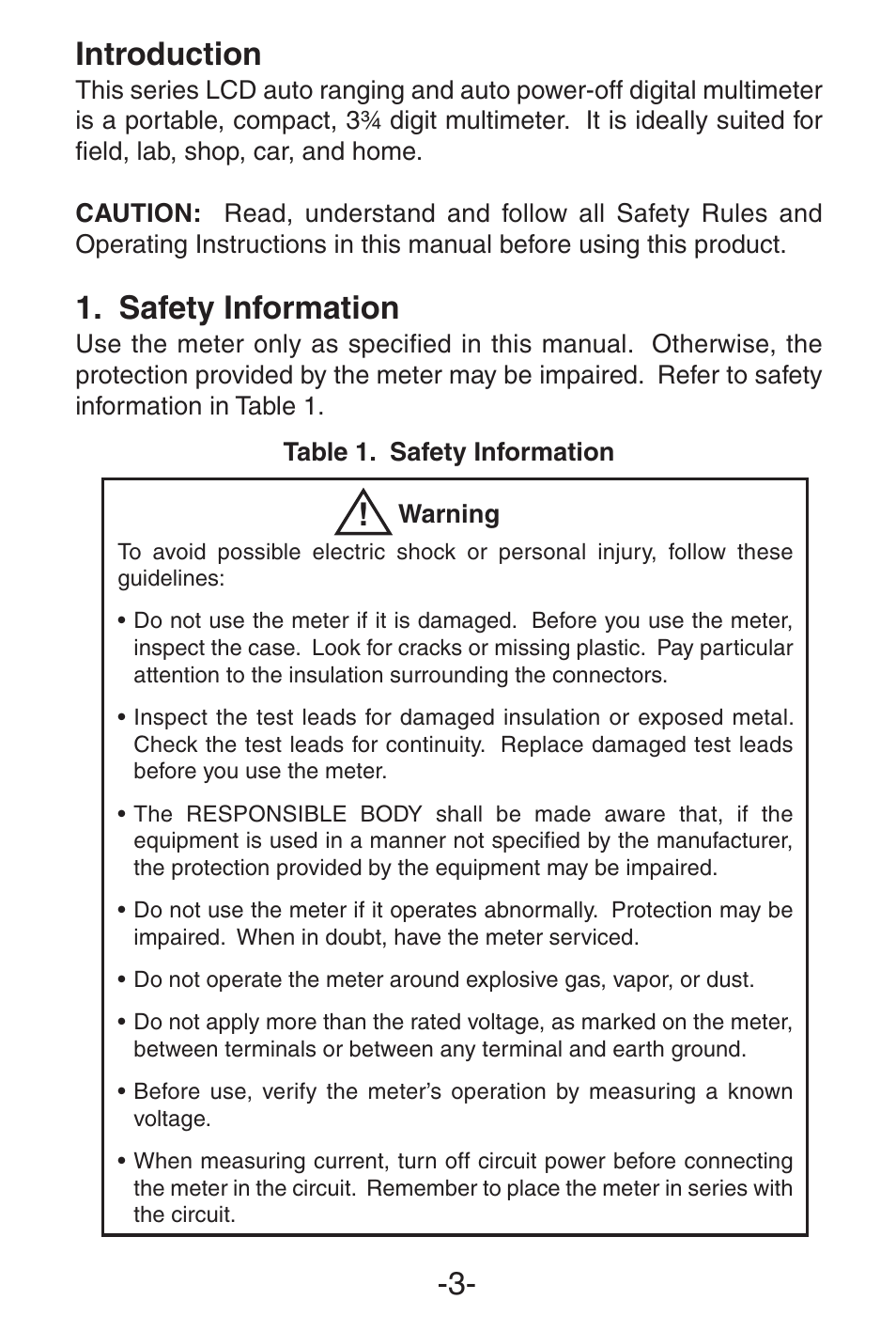 Introduction, Safety information | Elenco 3 1/2 Digit with Temperature User Manual | Page 3 / 36