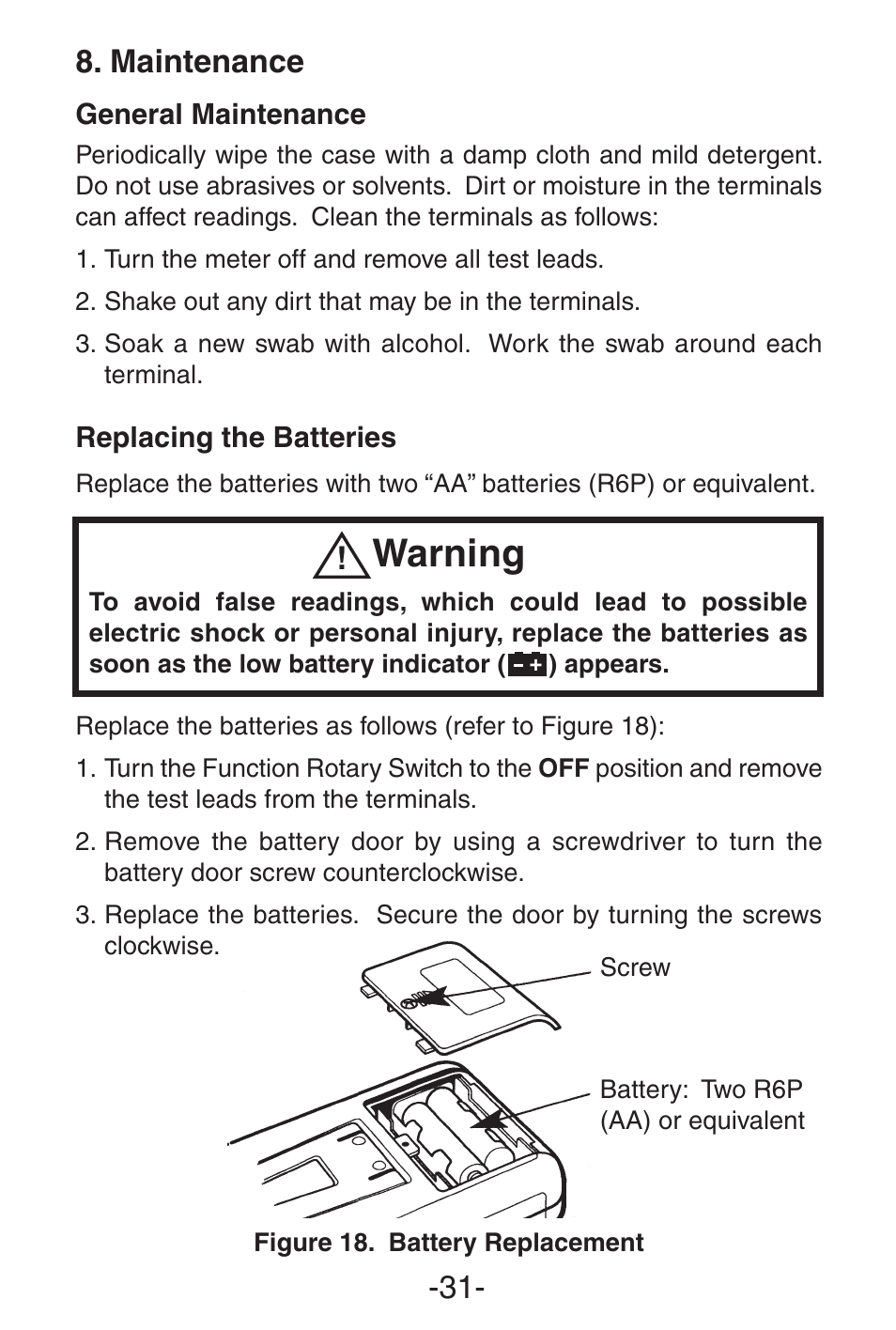 Warning, Maintenance | Elenco 3 1/2 Digit with Temperature User Manual | Page 31 / 36