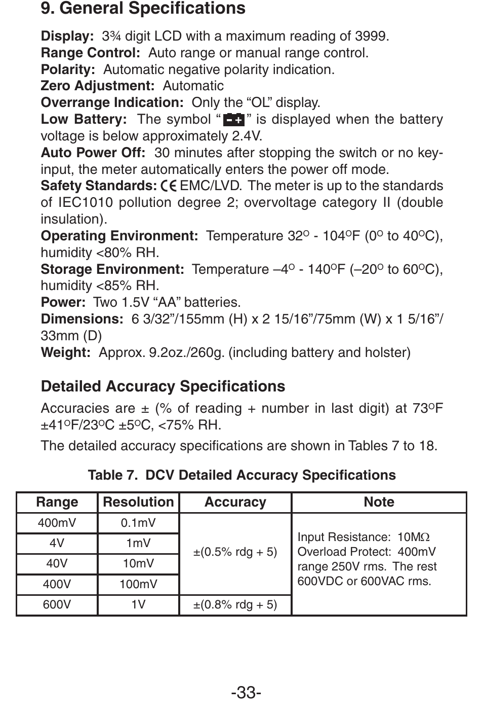 General specifications, Detailed accuracy specifications | Elenco 3 1/2 Digit with Temperature User Manual | Page 33 / 36