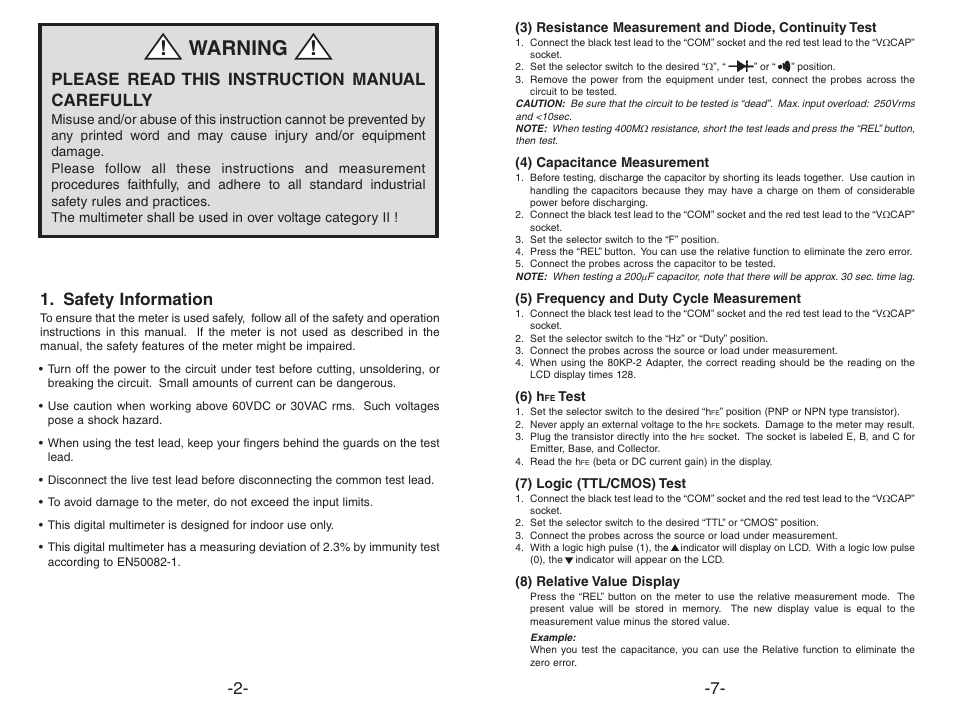 Warning, Safety information, Please read this instruction manual carefully | Elenco 3 1/2 Digit Cap./ Trans./ Freq User Manual | Page 2 / 4