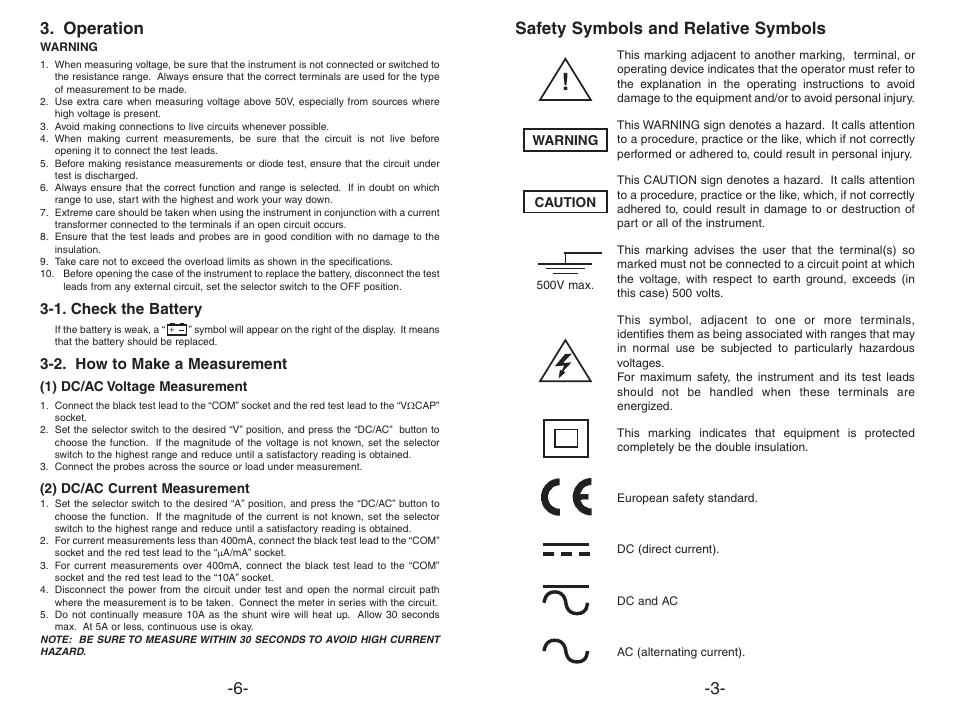 Operation, Safety symbols and relative symbols, 1. check the battery | 2. how to make a measurement | Elenco 3 1/2 Digit Cap./ Trans./ Freq User Manual | Page 3 / 4