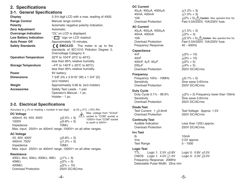 Specifications, 1. general specifications, 2. electrical specifications | Elenco 3 1/2 Digit Cap./ Trans./ Freq User Manual | Page 4 / 4