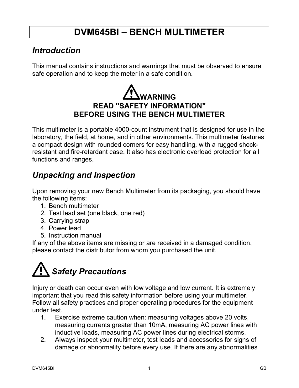 Dvm645bi – bench multimeter, Introduction, Unpacking and inspection | Safety precautions | Elenco Digital Bench Multimeter User Manual | Page 2 / 26