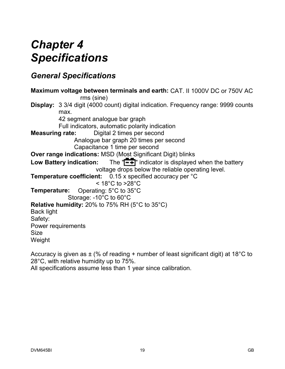 Chapter 4 specifications, General specifications | Elenco Digital Bench Multimeter User Manual | Page 20 / 26