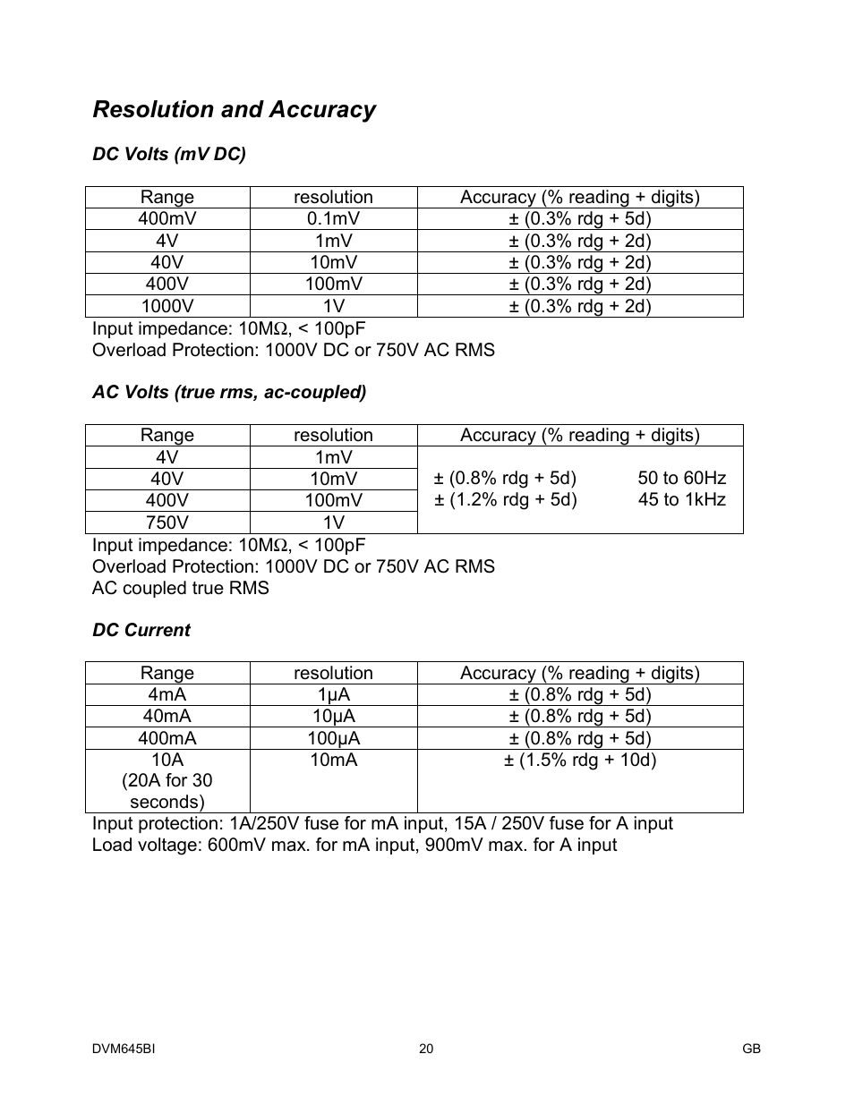 Resolution and accuracy | Elenco Digital Bench Multimeter User Manual | Page 21 / 26