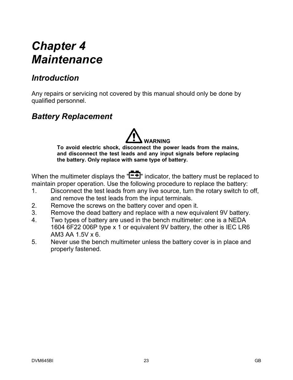 Chapter 4 maintenance, Introduction, Battery replacement | Elenco Digital Bench Multimeter User Manual | Page 24 / 26