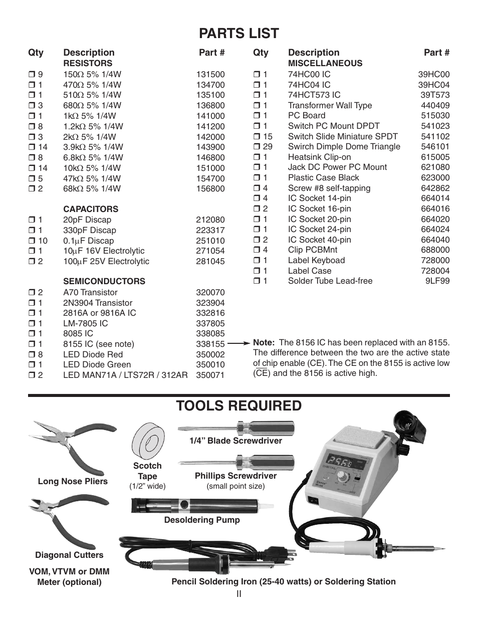 Parts list, Tools required | Elenco MicroMaster ® Computer Training Kit User Manual | Page 3 / 116