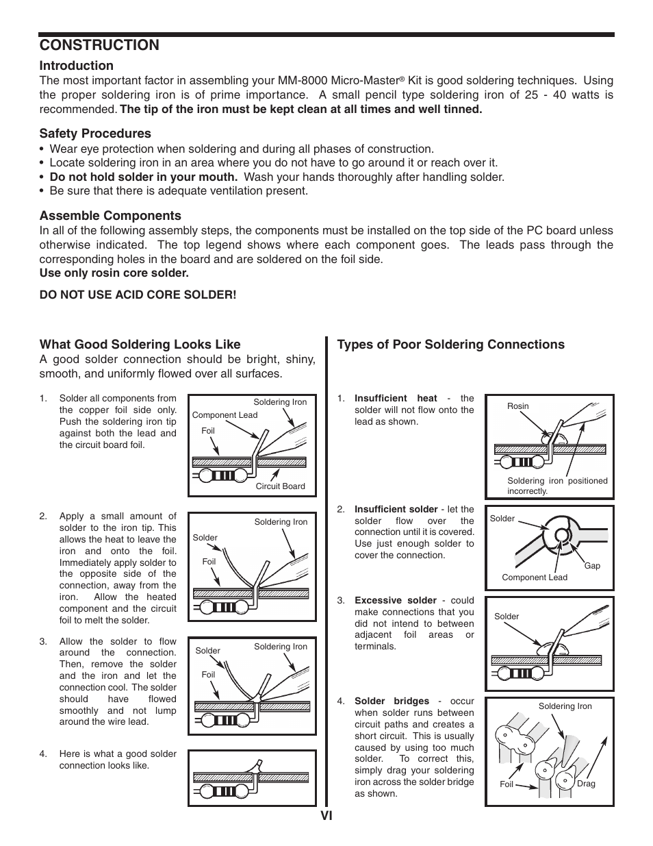 Construction, Vi introduction, Safety procedures | Assemble components, What good soldering looks like, Types of poor soldering connections | Elenco MicroMaster ® Computer Training Kit User Manual | Page 7 / 116