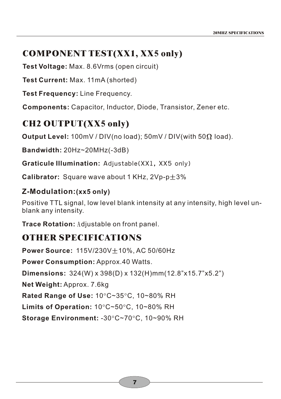 頁面 10, Component test(xx1, xx5 only), Ch2 output(xx5 only) | Other specifications | Elenco 30MHz Dual Trace User Manual | Page 10 / 68