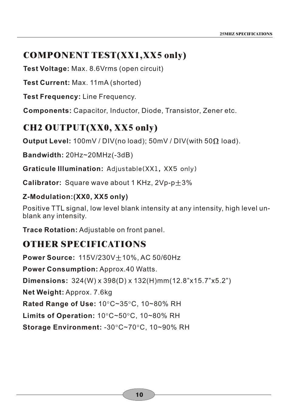 頁面 13, Component test(xx1,xx5 only), Ch2 output(xx0, xx5 only) | Other specifications | Elenco 30MHz Dual Trace User Manual | Page 13 / 68