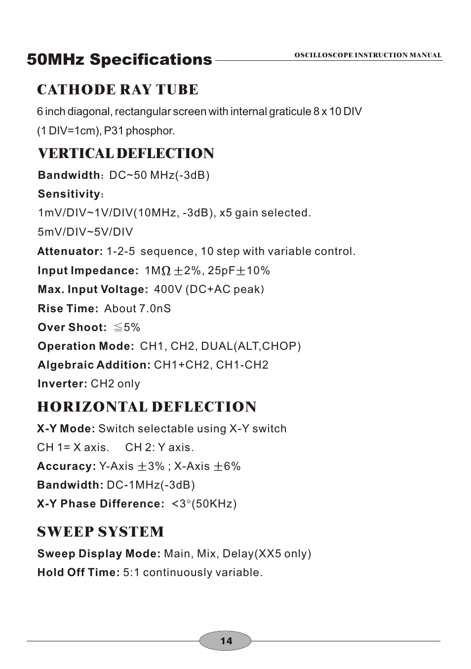 頁面 17, 50mhz specifications, Cathode ray tube vertical deflection | Horizontal deflection, Sweep system | Elenco 30MHz Dual Trace User Manual | Page 17 / 68