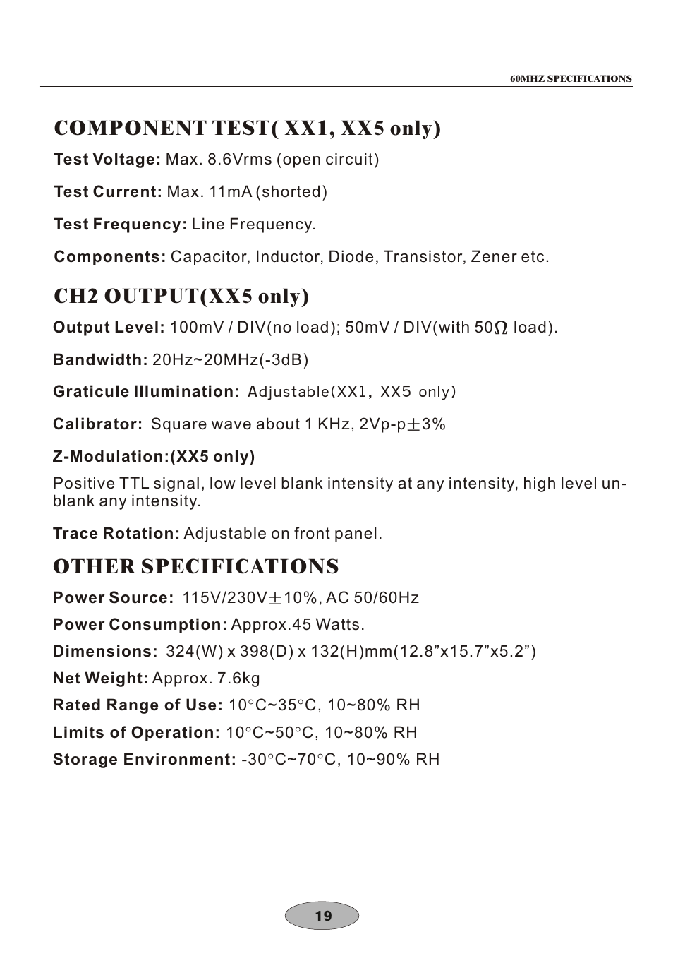 頁面 22, Component test( xx1, xx5 only), Ch2 output(xx5 only) | Other specifications | Elenco 30MHz Dual Trace User Manual | Page 22 / 68