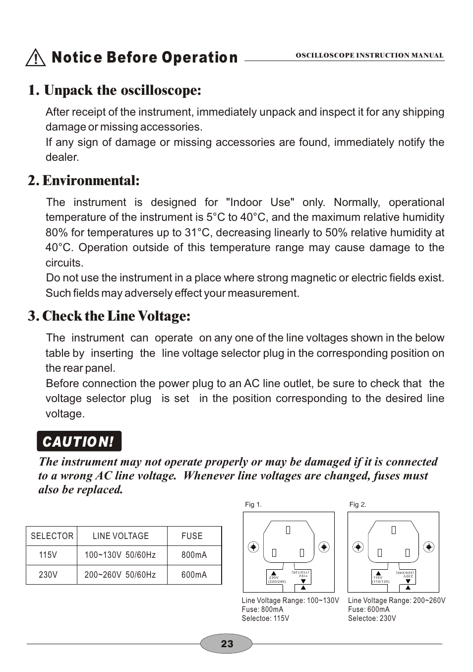 頁面 26, Notic e before operatio n, Unpack the oscilloscope | Environmental, Check the line voltage, Cautio n | Elenco 30MHz Dual Trace User Manual | Page 26 / 68