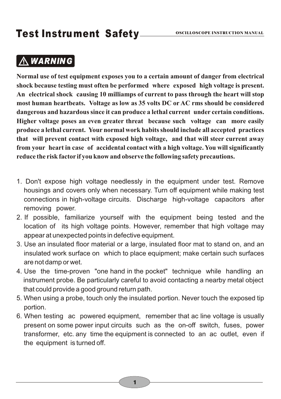 頁面 4, Test instru ment safety, Warnin g | Elenco 30MHz Dual Trace User Manual | Page 4 / 68