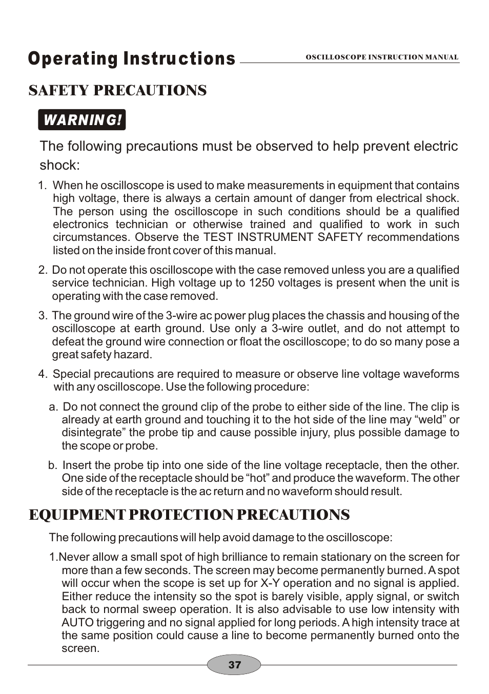 頁面 40, Operating instru ctions, Equipment protection precautions | Safety precautions, Warnin g | Elenco 30MHz Dual Trace User Manual | Page 40 / 68