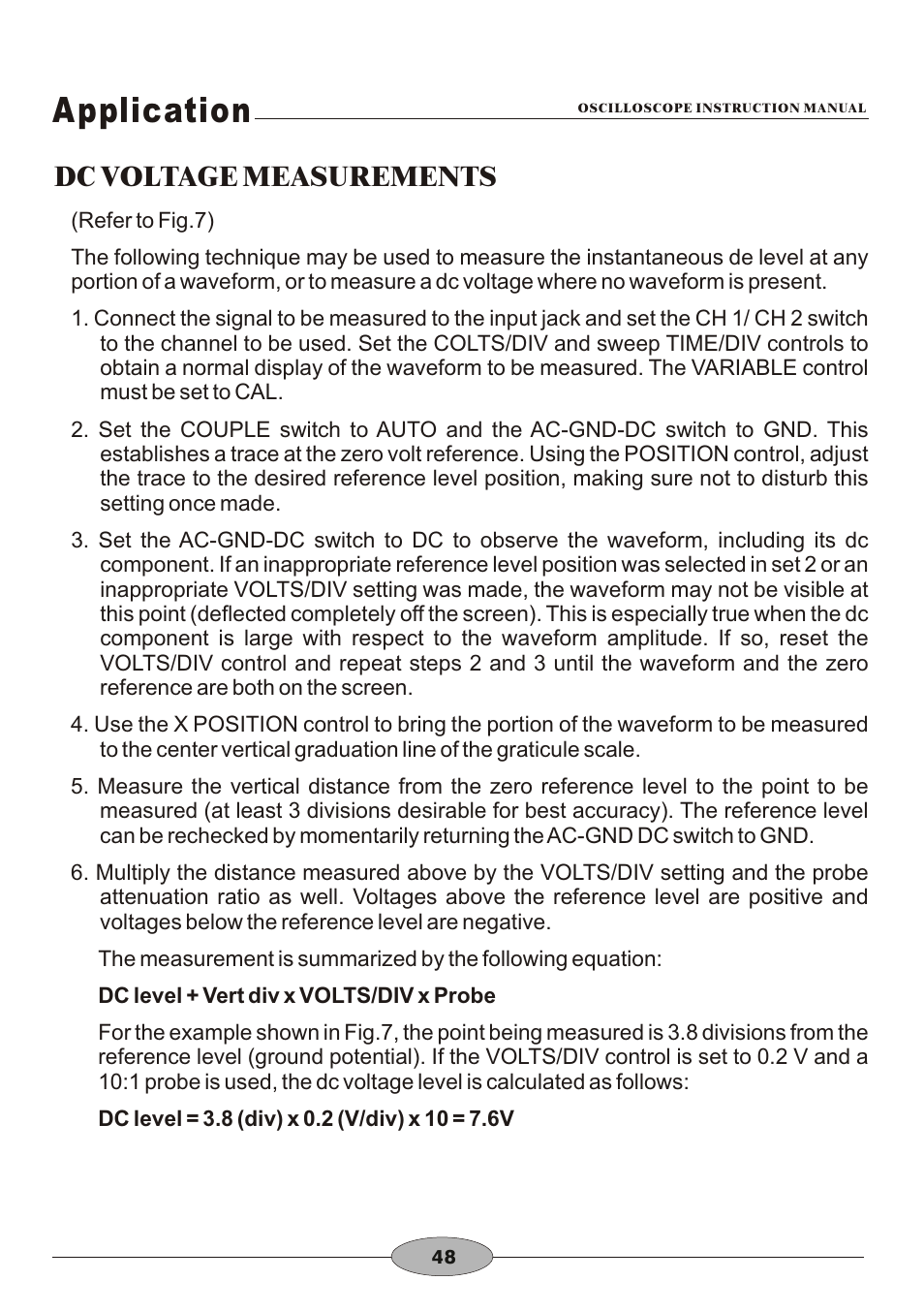 頁面 51, Application, Dc voltage measurements | Elenco 30MHz Dual Trace User Manual | Page 51 / 68