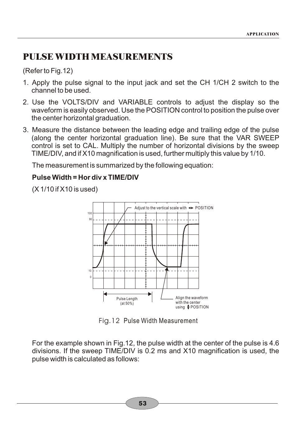 頁面 56, Pulse width measurements, Fig.12 pulse width measurement | Elenco 30MHz Dual Trace User Manual | Page 56 / 68