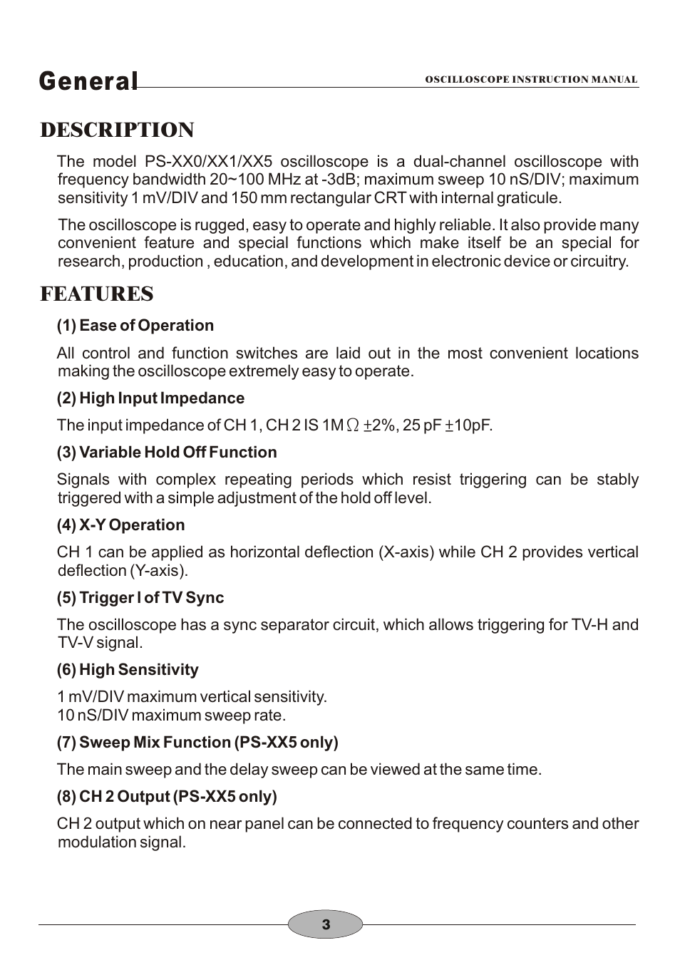 頁面 6, General, Description | Features | Elenco 30MHz Dual Trace User Manual | Page 6 / 68