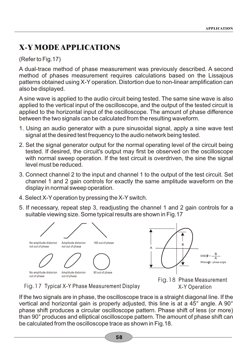 頁面 61, X-y mode applications, Fig.18 phase measurement x-y operation | Elenco 30MHz Dual Trace User Manual | Page 61 / 68