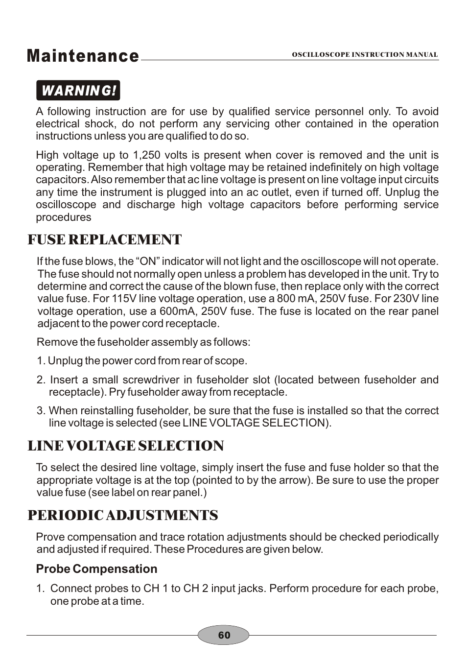 頁面 63, Maintenance, Fuse replacement | Line voltage selection, Periodic adjustments, Warnin g | Elenco 30MHz Dual Trace User Manual | Page 63 / 68