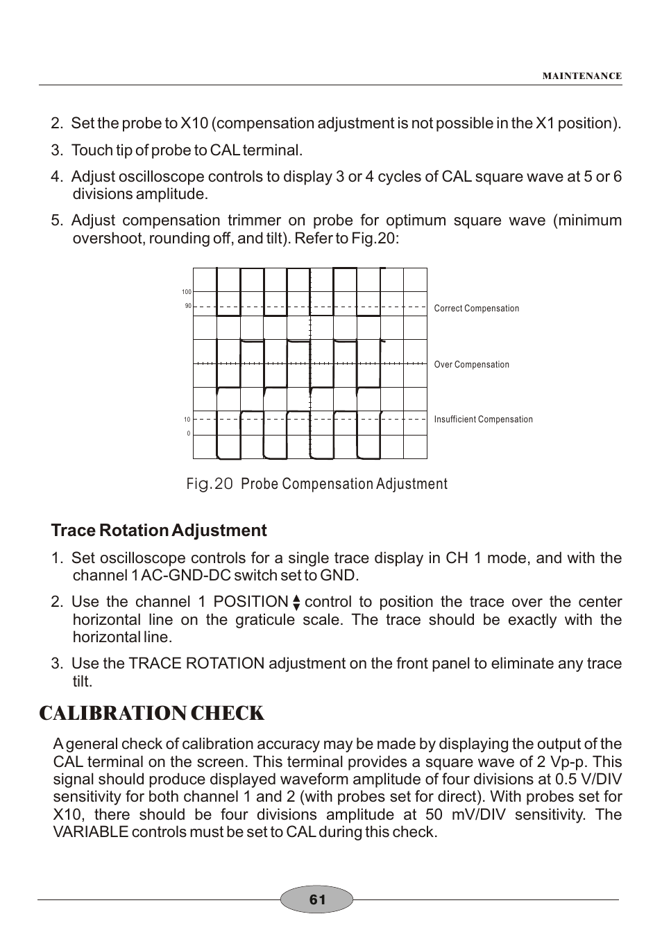 頁面 64, Calibration check, Trace rotation adjustment | Elenco 30MHz Dual Trace User Manual | Page 64 / 68