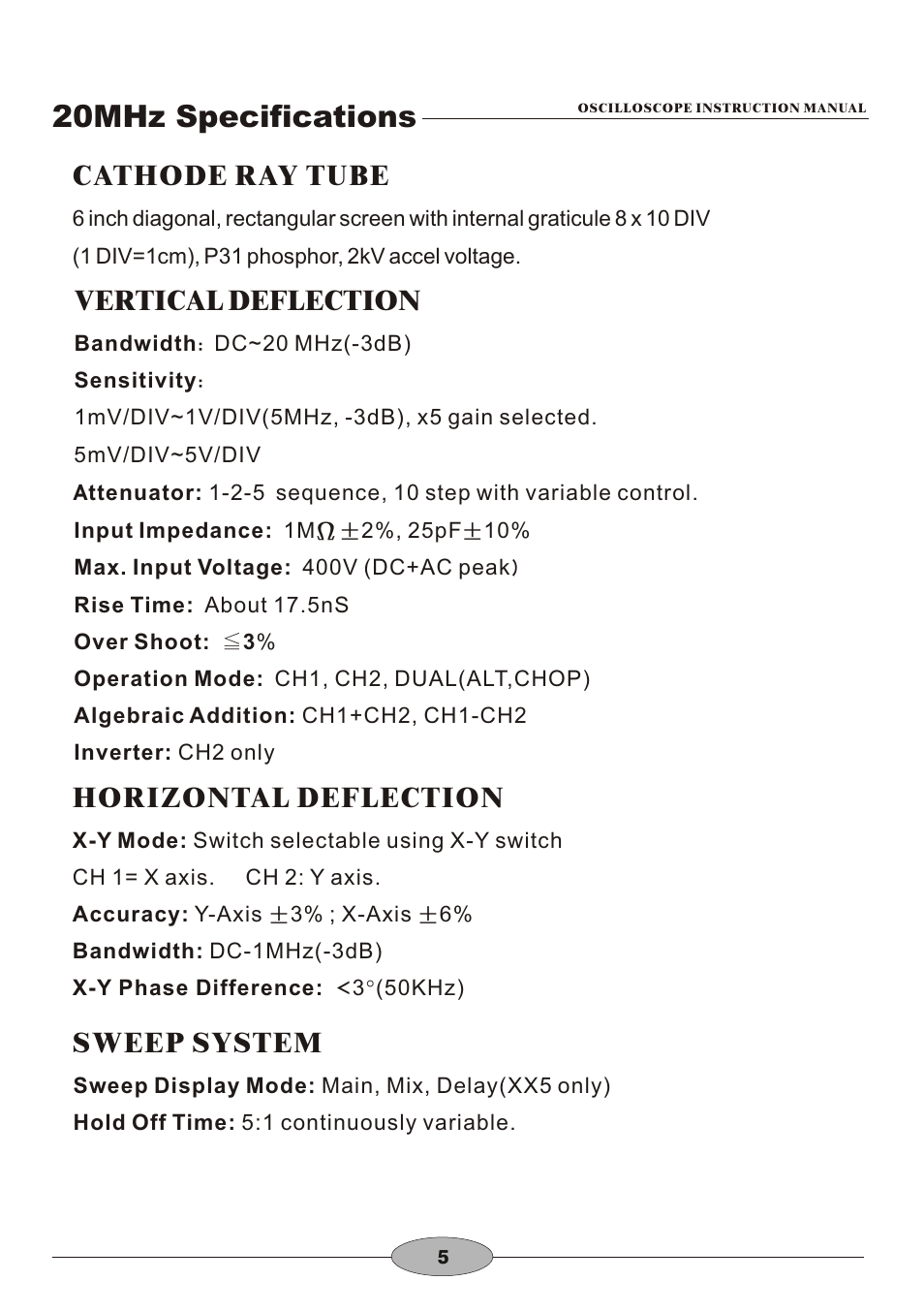 頁面 8, 20mhz specifications, Cathode ray tube vertical deflection | Horizontal deflection, Sweep system | Elenco 30MHz Dual Trace User Manual | Page 8 / 68