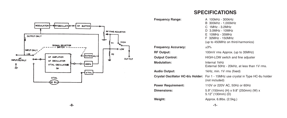 Specifications | Elenco Wide Band RF Generator User Manual | Page 4 / 7