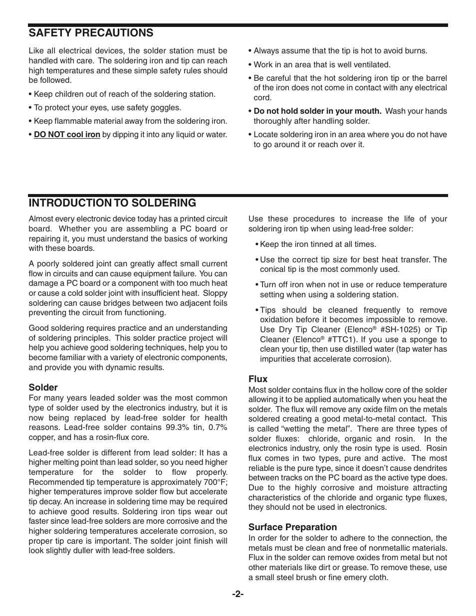 Safety precautions, Introduction to soldering | Elenco Soldering Station User Manual | Page 2 / 4