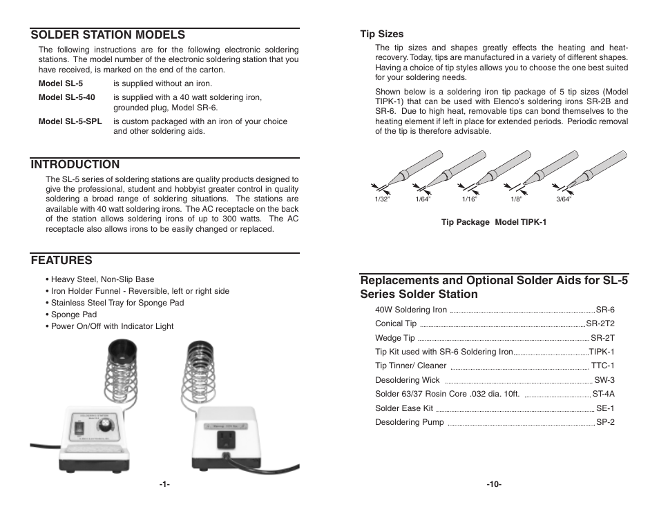 Introduction, Features, Solder station models | Elenco Soldering Station User Manual | Page 2 / 6