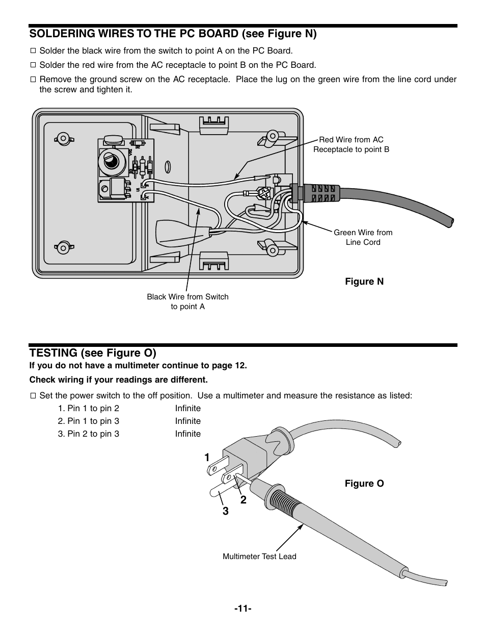 Soldering wires to the pc board (see figure n), Testing (see figure o) | Elenco Soldering Station User Manual | Page 12 / 20