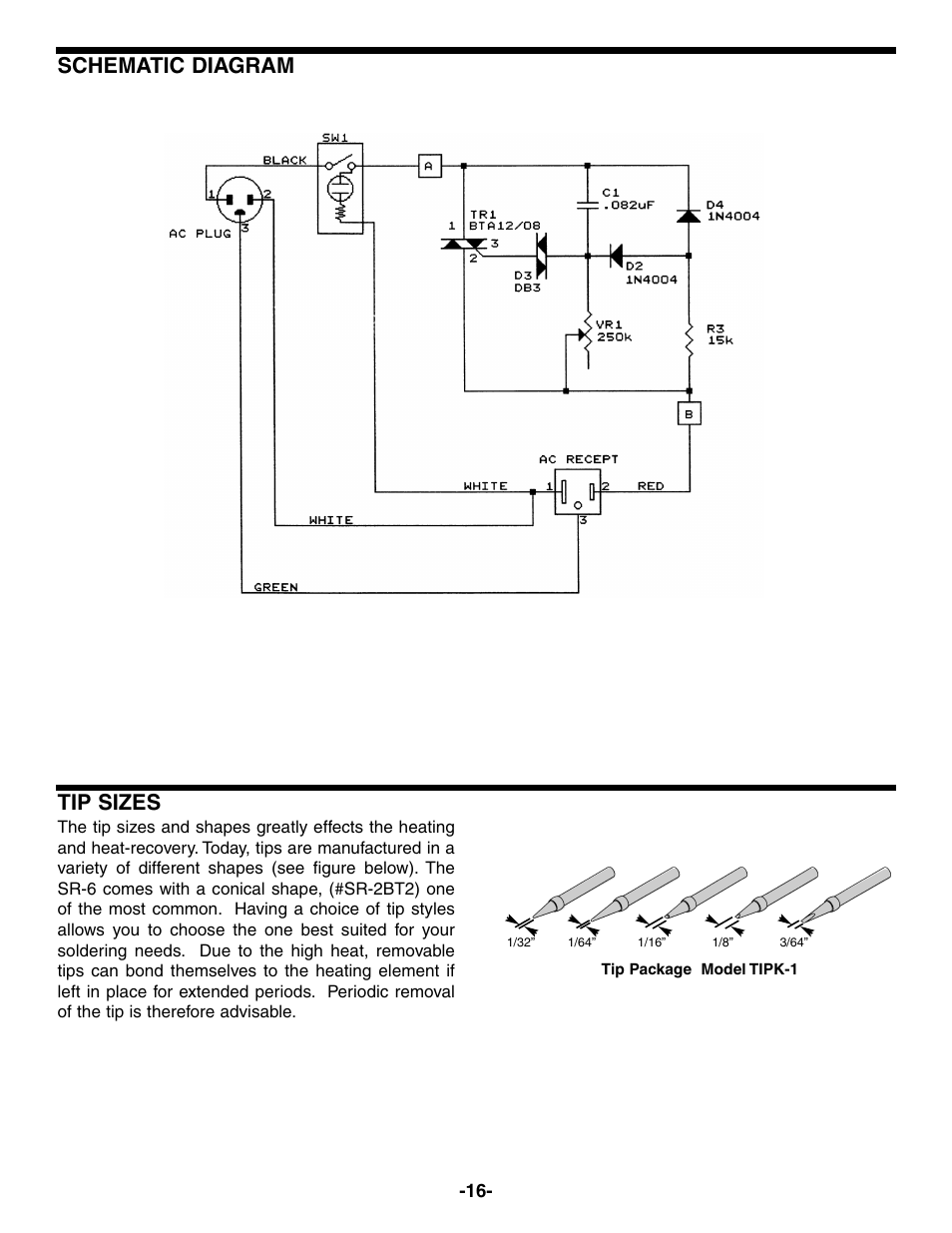 Tip sizes, Schematic diagram | Elenco Soldering Station User Manual | Page 17 / 20