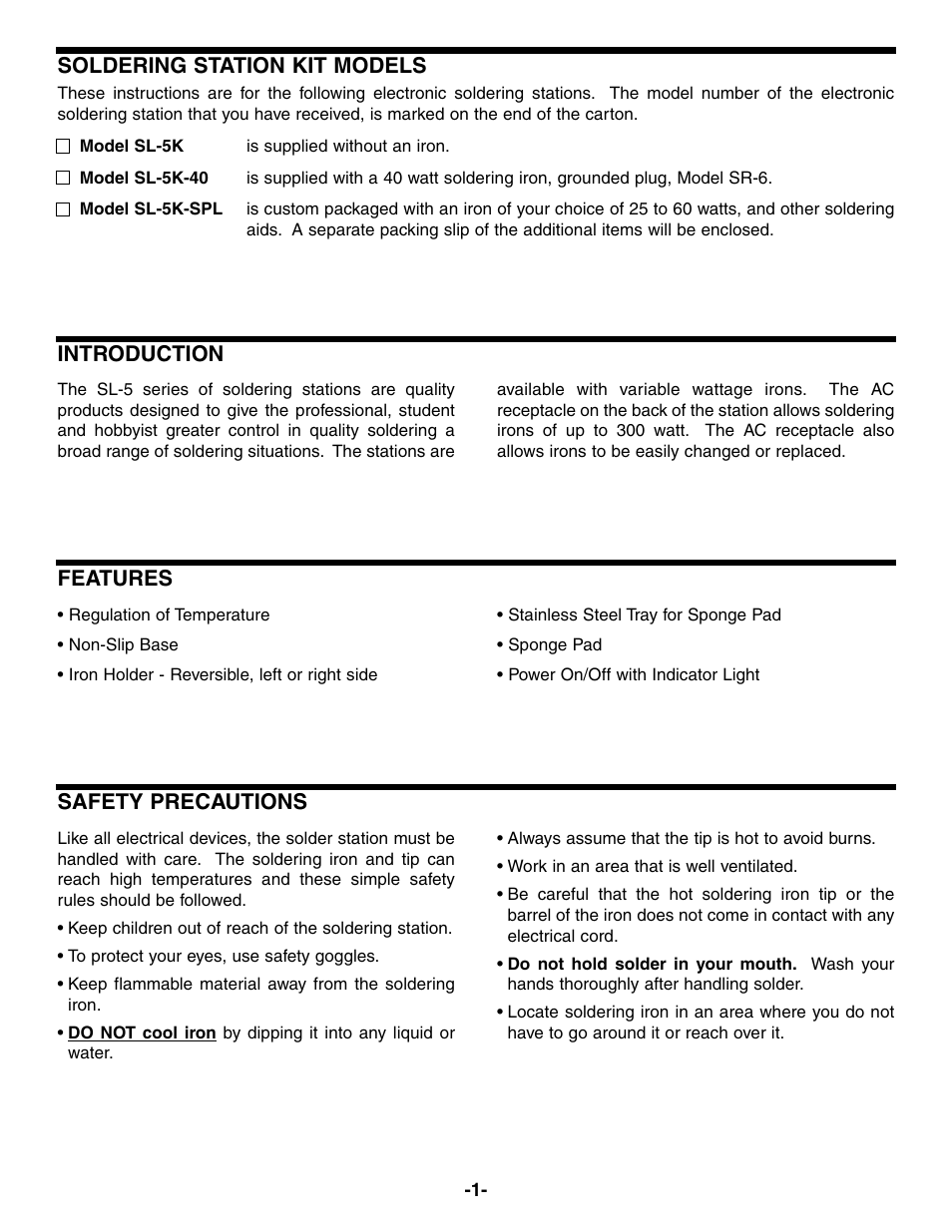 Safety precautions, Soldering station kit models, Introduction features | Elenco Soldering Station User Manual | Page 2 / 20