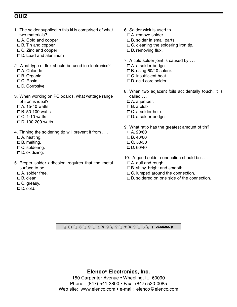 Elenco, Electronics, inc, Quiz | Elenco Soldering Station User Manual | Page 20 / 20