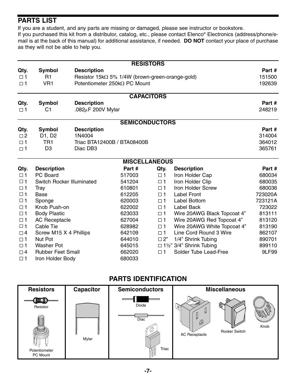 Parts list, Parts identification | Elenco Soldering Station User Manual | Page 8 / 20